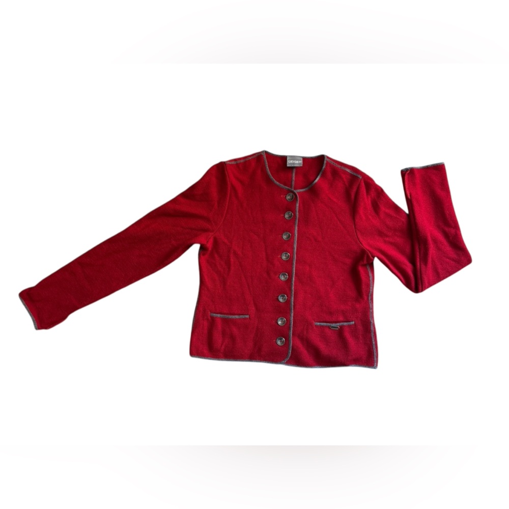 VTG Geiger Austria Wool Cardigan‎ Red Gray Trim Button Front Pure New Wool SZ 40